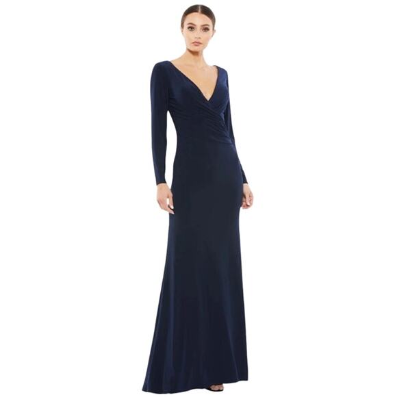MAC DUGGAL Dress Size 14 Evening Gown Navy Blue NEW Ruched Jersey Long Sleeve - Picture 1 of 7